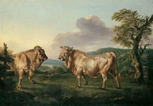 Weite Sudliche Landschaft Mit Zwei Bullen by Jacob Philipp Hackert
