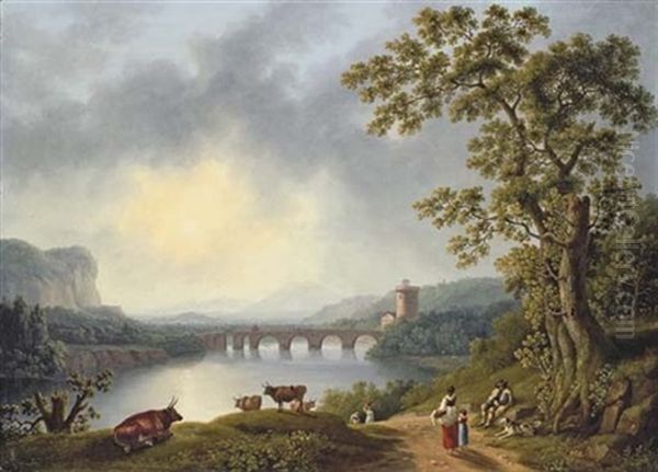 The Volturno With The Ponte Margherita, Near Pisa, With A Herdsman Resting And Peasants On A Path - view 1