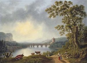 The Volturno With The Ponte Margherita, Near Pisa, With A Herdsman Resting And Peasants On A Path by Jacob Philipp Hackert