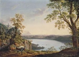 Lake Nemi From The North, With The Town Of Nemi And Town Of Genzano Beyond, With A Donkey And Travellers On A Path In The Foreground by Jacob Philipp Hackert