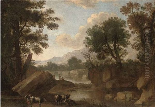 A Wooded Landscape With A Drover And His Cattle By A River, Anglers By A Waterfall Beyond - view 1