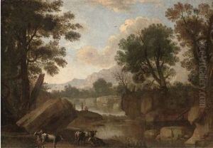 A Wooded Landscape With A Drover And His Cattle By A River, Anglers By A Waterfall Beyond by Jacob Philipp Hackert