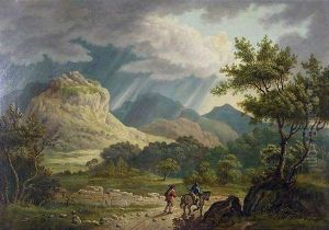 Arkadische Gebirgslandschaft Im Gewittersturm. Im Vordergrund Zwei Reisende by Jacob Philipp Hackert