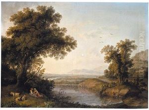 An Italianate Landscape With Shepherdesses Resting Beside A Pond, A Bay In The Distance Beyond by Jacob Philipp Hackert