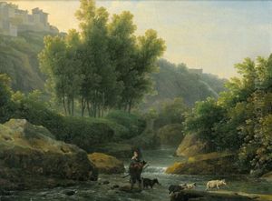 Bewaldete Flusslandschaft Mit Hirten, Eine Furt Durchquerend by Jacob Philipp Hackert