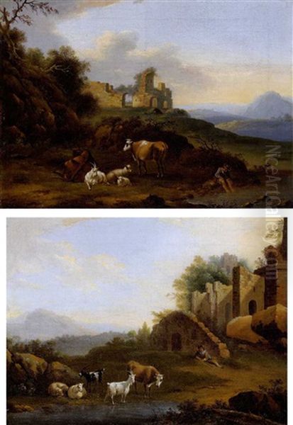 Sudliche Landschaft Mit Ruine Und Vieh (+ Another Similar; Pair) - view 1