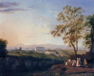 A View Of The Villa Albani, Rome, From The Patrizi Villa, With Peasants, And An Elegant Couple In The Foreground by Jacob Philipp Hackert
