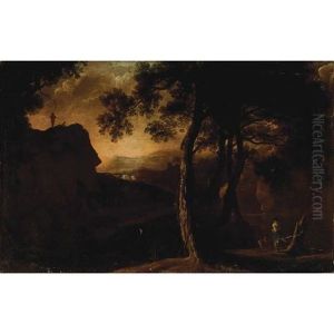 An Extensive Rocky Wooded Landscape With Two Figures By A Tree Stump In The Foreground by Jacob Philipp Hackert