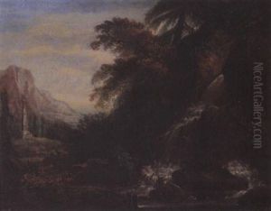Landschaft Mit Reisendem Bach Und Saule Mit Ehrendenkmal by Jacob Philipp Hackert