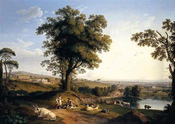 A Panoramic Landscape In The Roman Campagna With A Distant Prospect Of The Villa Albani Near Rome, Peasants With Goats And Cattle In The Foreground - view 1