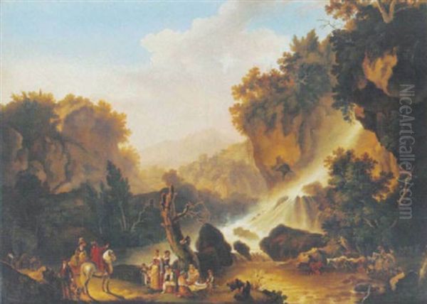 A River Landscape With A Waterfall, A Drover And His Cattle, Washer Women And Travellers At Halt - view 1