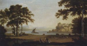 A Landscape With Figures At Rest By Sheep And Cattle, Boating On A Lake And A Hilltop Fort Beyond