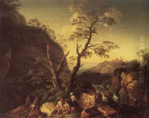 Classical Figures Conversing Amongst Ancient Ruins, A Waterfall And A Castle On A Mountain Beyond by Jacob Philipp Hackert