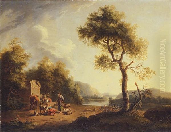A River Landscape With Shepherdesses And Cattle By A Nymphaeum - view 1