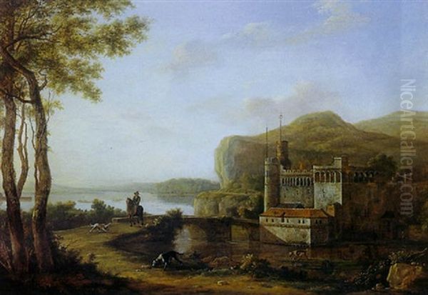 An Extensive Italian Landscape With A Fortress Castle And A Figure On The Path In The Foreground - view 1