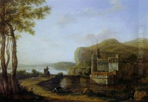 An Extensive Italian Landscape With A Fortress Castle And A Figure On The Path In The Foreground by Jacob Philipp Hackert