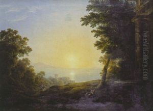 Paysage D'italie Au Soleil Couchant Avec Villageois Se Reposant Pres D'une Fontaine Antique by Jacob Philipp Hackert