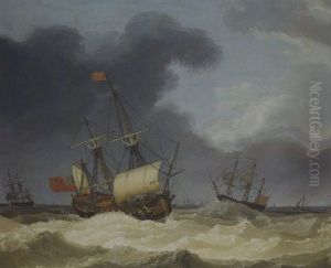 English Frigates In Rough Seas by Jacob Philipp Hackert