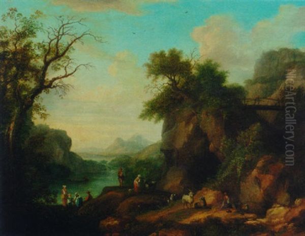 A Mountainous Wooded River Landscape With A Goatherd And Flock, Peasant Women In The Foreground - view 1