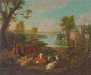 A Herder Resting With His Flock In A Rocky River Landscape