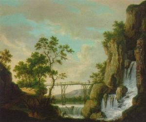 A River Landscape With A Fisherman Before A Waterfall, A Traveller Traversing A Bridge Beyond by Jacob Philipp Hackert