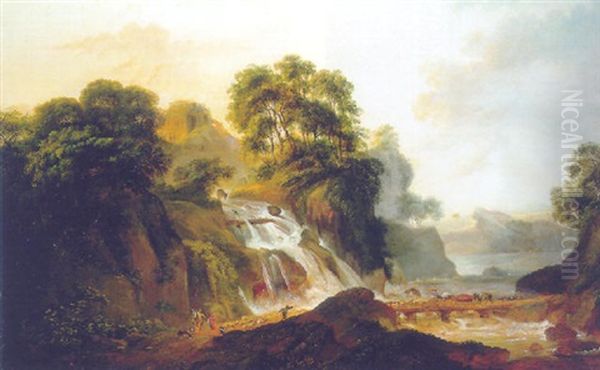 Shepherds And Travellers On A Bridge By A Waterfall In An Italianate Landscape, At Sunset - view 1
