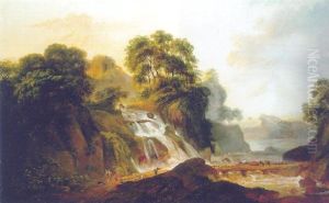 Shepherds And Travellers On A Bridge By A Waterfall In An Italianate Landscape, At Sunset by Jacob Philipp Hackert