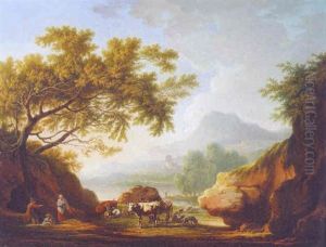 A River Landscape With Herders Resting By A Rocky Outcrop
