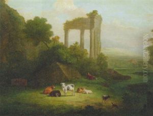 An Extensive Landscape With A Drover And Cattle Resting Before A Ruin
