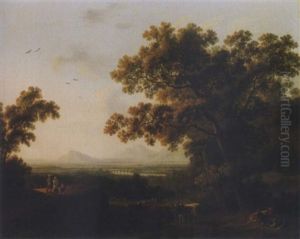 A Roman Landscape With Peasants And Bulls Resting By A Watering-hole by Jacob Philipp Hackert