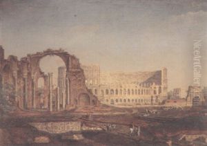 A View Of The Coliseum With Elegant Figures And Others By Classical Ruins In The Foreground by Jacob Philipp Hackert