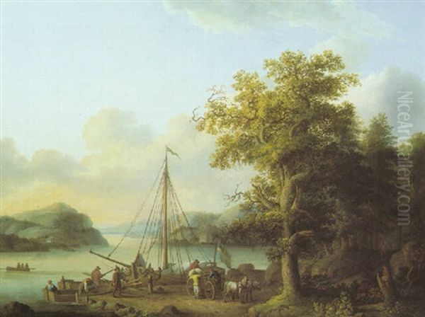 A Scandinavian River Landscape With Figures Loading A Barge Flying The Swedish Flag - view 1