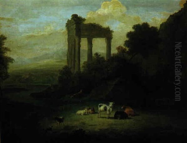 Ideale Landschaft Mit Tempelruine Und Hirtenszene - view 1