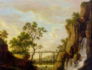 A Rocky River Landscape With An Angler Near A Waterfall, A Figure And A Dog Crossing A Footbridge Beyond by Jacob Philipp Hackert