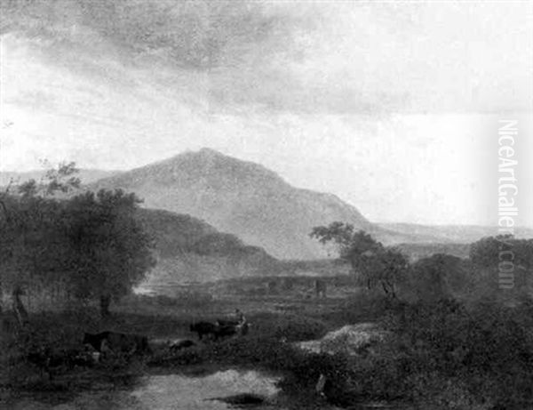 A Herdsman And Cattle By A Pond In An Italianate Landscape - view 1
