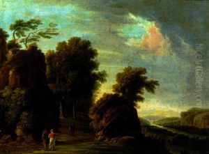 An Extensive River Landscape With An Angler On A Bank Before A Waterfall by Jacob Philipp Hackert