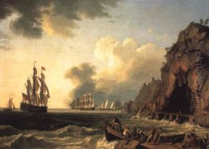 A View Of The Coast Near Naples, With A British Royal Navy Three-decker by Jacob Philipp Hackert