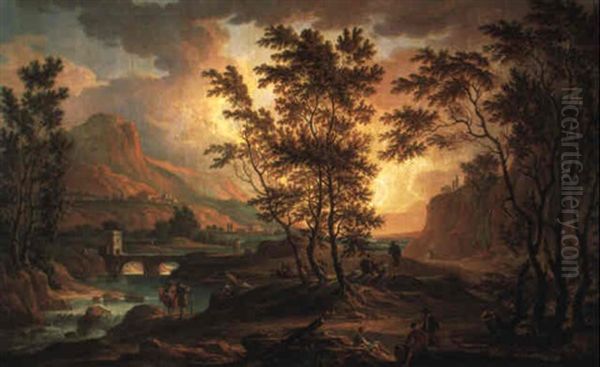 Gebirgige Fluslandschaft Bei Sonnenuntergang - view 1