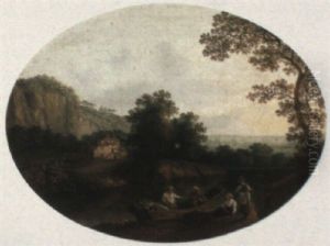 River Landscape With Figures Loading Up Their Rowing Boat by Jacob Philipp Hackert