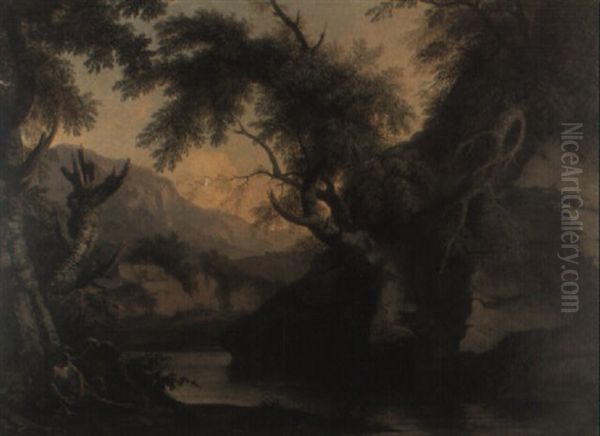 Paysage Rocheux Avec Un Soldat Se Reposant Pres D'un Cours D'eau - view 1