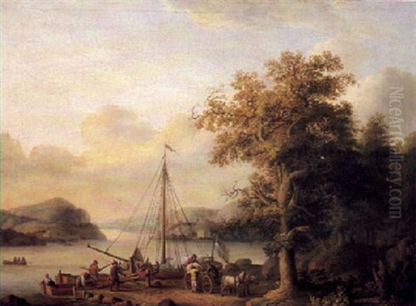 A River Landscape, With Figures Loading A Small Sailing Vessel - view 1