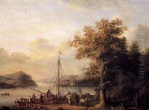 A River Landscape, With Figures Loading A Small Sailing     Vessel