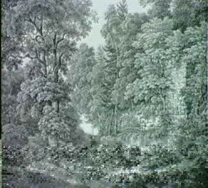 Waldlichtung Mit Mauerresten Auf Dem Weg Rieter Mit Hunden  Wanderer Und Einem Rastenden