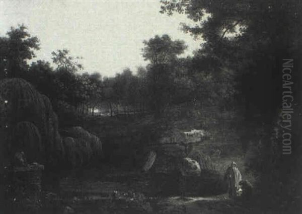 A Wooded Landscape With Monks By A Pool In The Foreground, A Monastery Beyond - view 1