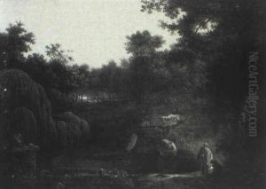 A Wooded Landscape With Monks By A Pool In The Foreground, A Monastery Beyond by Jacob Philipp Hackert