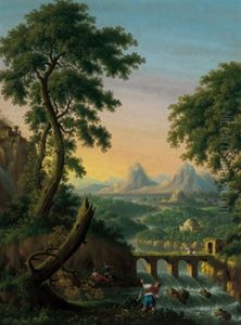 Gebirgige Flusslandschaft Mit Einer Steinernen Bogenbrucke Und Figuren by Johann Gottlieb Hackert