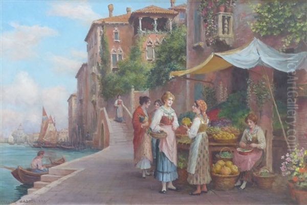 Venetian Scene With Female Figures At A Fruit Stall - view 1