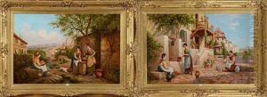 Jeunes Filles Sur Une Terrasse Fleurie En Espagne Et Jeunes Filles A La Fontaine (pair) by Arthur Trevor Haddon
