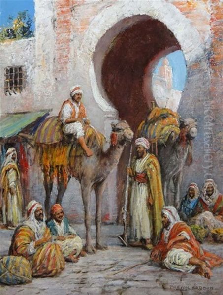 Middle Eastern Figures By Entrance Gate To A City With Camels, Some Resting - view 1