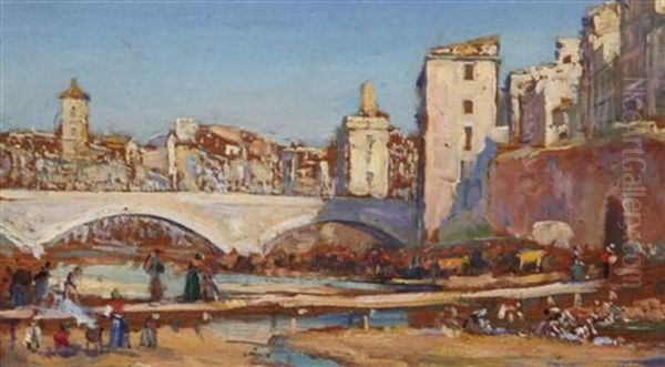 View Of A Spanish Town With Figures On A Dry River Bed - view 1